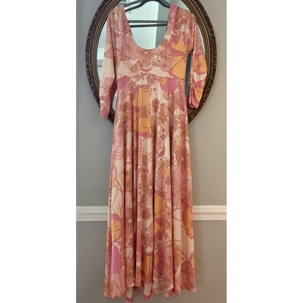 Free people boho chic floral retro 70s DRESS M orange pink flower power stretch